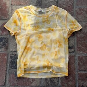 Abercrombie & Fitch Yellow Sheer Mesh T-Shirt & Tank Top Floral Stretch Size S